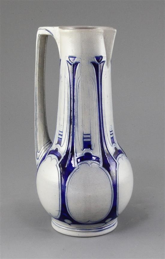 A Simon Gerz Jugendstil blue stoneware ewer, designed by Peter Behrens, 24.5cm